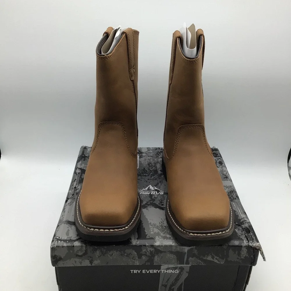 Nortiv 8 Mens Camel‎ Leather Pull On Work Boots SNIC2431M Size 9 NEW
